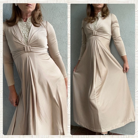 Vintage 70’s ILGWU Union Made Champagne Maxi Dress w/ Lace Pearls VTG 10 Sz 6 - Picture 5 of 11